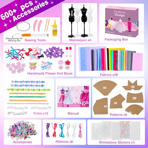 MINIFUN 600+Pcs Fashion Designer Kit for Girls, Sewing Kit with 4 Mannequins, DIY Art & Craft Activity for Kids, Girl Toys for Age 6 7 8 9 10 11 12+ MINIFUN