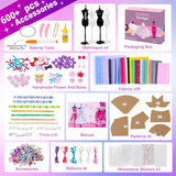MINIFUN 600+Pcs Fashion Designer Kit for Girls, Sewing Kit with 4 Mannequins, DIY Art & Craft Activity for Kids, Girl Toys for Age 6 7 8 9 10 11 12+ MINIFUN