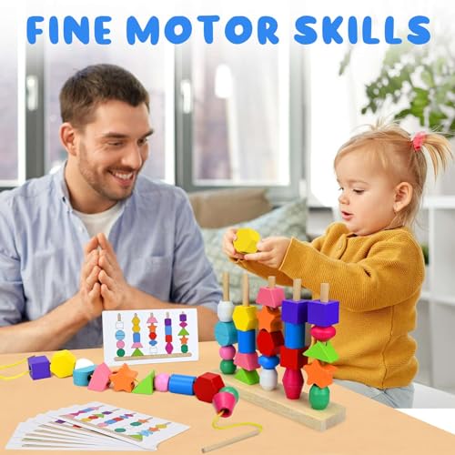 COLEGRY Montessori Toys for 3 4 5 6 Year Old Kid Boys Girls, Wooden Lacing Beads Sequencing Toy Set, Preschool Learning Shape Color Sorting &
