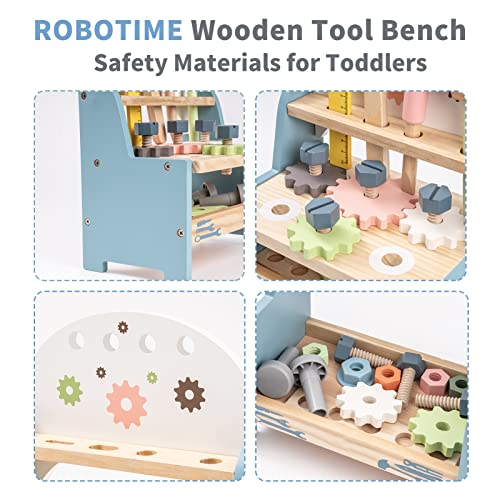 ROBOTIME Tool Bench Set for Toddlers - Mini Wooden Work Bench for Kids, Construction Toys w/Wooden Tools, Educational Pretend Play Gift Building Toy ROBOTIME