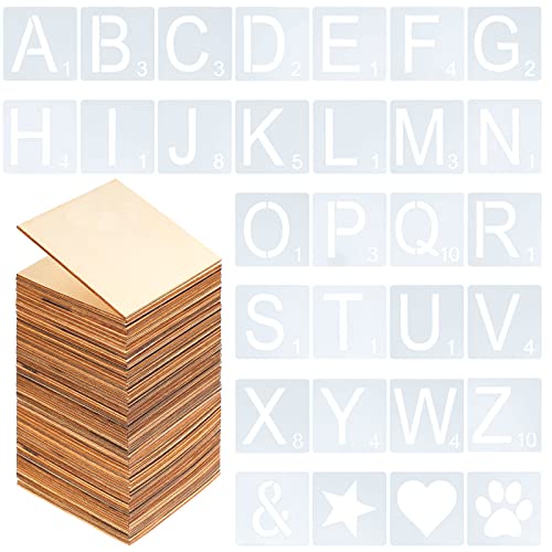 130 Pieces 4 x 4 Inch Letters Stencil Symbol Stencils and Unfinished Square Wood Set Includes 26 Alphabet Stencils, 4 Symbol Stencils and 100 Wood - WoodArtSupply