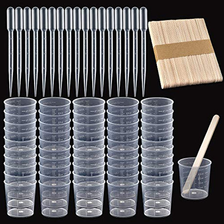 Coopay Plastic Graduated Cups Tools - 50 Pack 30ml/1oz Transparent Scale Measuring Cups, 50 Pack Wooden Stirring Sticks and 50 Pack 3ml Transfer Coopay