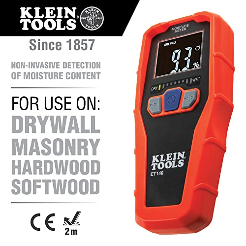 Klein Tools ET140 Pinless Moisture Meter for Non-Destructive Moisture Detection in Drywall, Wood, and Masonry; Detects up to 3/4-Inch Below Surface Klein Tools