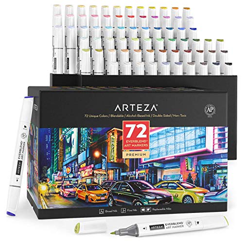 ARTEZA Art Alcohol Markers, Set of 72 Colors, EverBlend Dual Tip Markers with Organizer Box, Fine and Broad Chisel Nib, for Coloring and Drawing