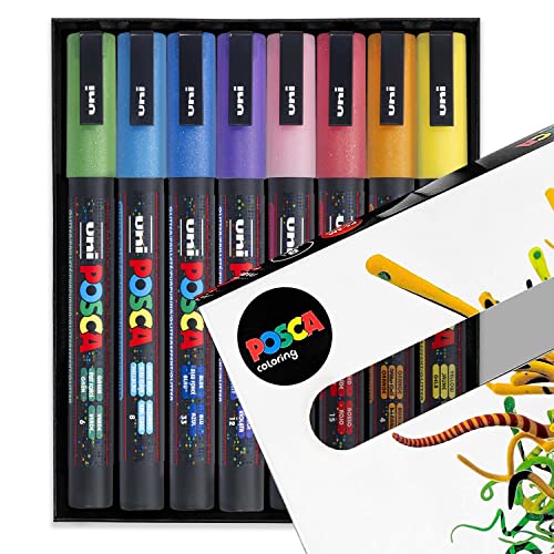 posca Glitter Paint Markers PC-3ML - Full Range Set of 8 Glitter Paint Markers - In Gift Box posca