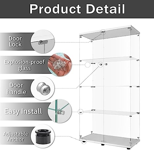 LFT HUIMEI2Y Glass Display Cabinet 4-Shelf with Double Door, Curio Cabinets Fast Installation in 30 Mins, 5mm Tempered Glass Floor Standing Bookshelf