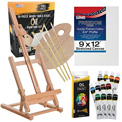 U.S. Art Supply 19-Piece Artist Oil Painting Set with Wooden H-Frame Studio Easel, 12 Vivid Oil Paint Colors, Stretched Canvas, 4 Brushes, Wood - WoodArtSupply