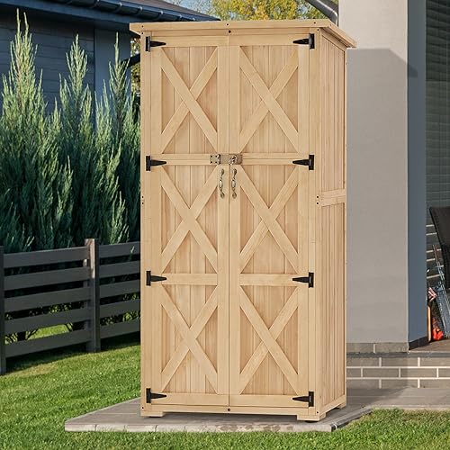 MCombo Wood Sheds & Outdoor Storage, Garden Tool Shed with Lock, Wooden Outdoor Storage Cabinet with Double Doors for Patio 1628 (Medium) - WoodArtSupply