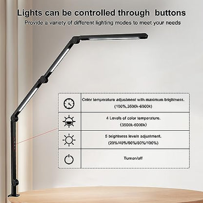 vimeepro LED Desk Lamp with Clamp Flexible 4 sections Swing Arm Three light sources desk light, 4 Color Modes & 5 Brightness, Eye Caring Led table - WoodArtSupply