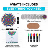 Hula Home Color Your Own Coaster Mandalas w/Markers | 8 Absorbent Ceramic Tiles w/Cork Base | Gift Arts and Crafts DIY Kit for Adults, Hobby, Teens, Hula Home