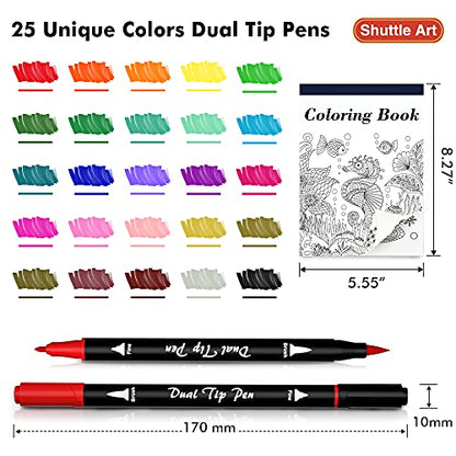 Shuttle Art Dual Tip Brush Pens Art Markers, 25 Colors Fine and Brush Dual Tip Markers Set with 1 Coloring Book for Kids Adult Artist Calligraphy Hand