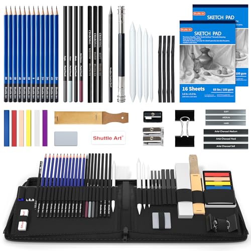 Drawing Kit, Shuttle Art 52 Pack Drawing Pencils Set, Professional Drawing Art Kit with Sketch Pencils, Graphite Charcoal Sticks, Drawing Pad in Shuttle Art
