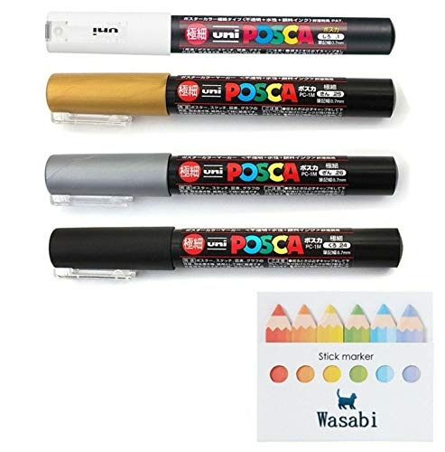 Uni Posca Paint Marker Extra Fine (0.7mm) SPECIAL SET!! - WHITE / GOLD / SILVER / BLACK, & Wasabi Sticky note uni