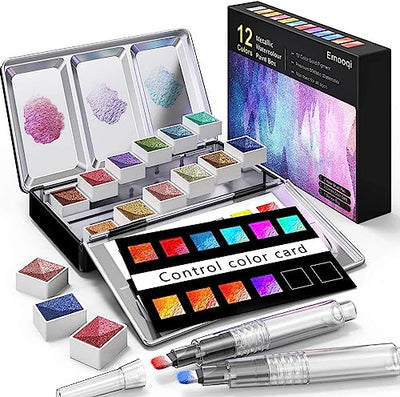Emooqi Metallic Watercolor Paints Set, Metallic Glitter Watercolour Solid Paint Box Include 12 Metallic Glitter Color+2 Water Brushes+2 Color