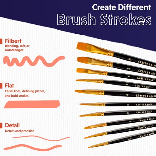 Crafts 4 All Acrylic Paint Brushes - Pack of 10 Professional, Wide and Fine Tip, Nylon Hair Artist Paintbrushes - Paintbrush Bulk Set for Watercolor, Crafts 4 All