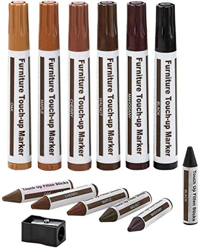 Furniture Repair Kit Wood Markers - Set of 12 - Markers and Wax Sticks with Sharpener Kit, for Stains, Scratches, Wood Floors, Tables, Desks,