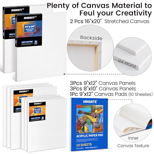 MERRIY 80-Piece Acrylic Paint Set, Artist Painting Supplies Kit with Tabletop Sketch Box Easel, 48 Colors Acrylic Paints,11"x 14"Stretched Canvas MERRIY
