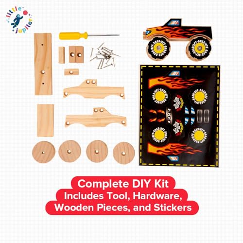 DIY Wooden Monster Truck w/ Stickers - Kids Building Kit - Stem Building Toys - Wood Crafts for Kids - Building Kits for Kids - Woodworking Kits for Little Jupiter