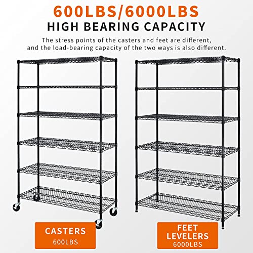 HCY 6-Tier Storage Shelf Heavy Duty Storage Shelving Unit NSF Height Adjustable Metal Storage Rack with Wheels for Laundry Bathroom Kitchen Garage HCY