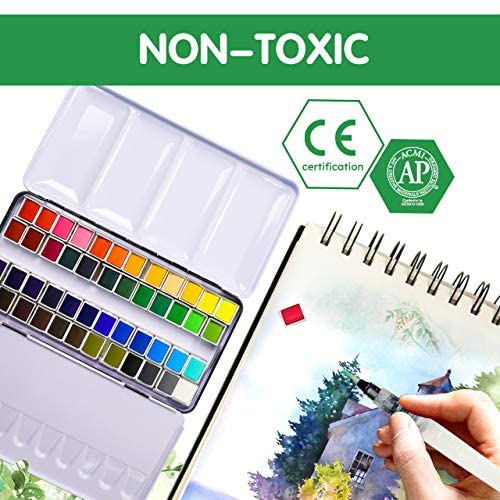 PENTRISTA Watercolor Paint set, 48 Colors Premium Solid Watercolor Half Pans in Tin Box, 1 refillable Water Brush Pen, Art Pigment Kit Perfect for PENTRISTA