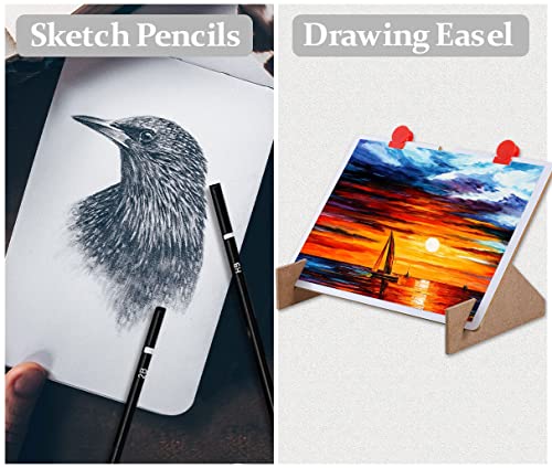 Art Supplies, Deluxe Kids Art Set with Drawing Easel, Crafts Kit in Portable Wooden Case, Oil Pastels, Colored Pencils, Watercolor Cakes, Sketch POPYOLA