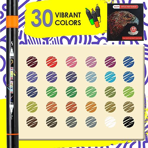 30 Colors Acrylic Paint Markers, Dual Tip Acrylic Paint Pens with Brush and Fine Tips for Kids, Adults, Wood, Canvas, Stone, Rock Painting, Glass, - WoodArtSupply