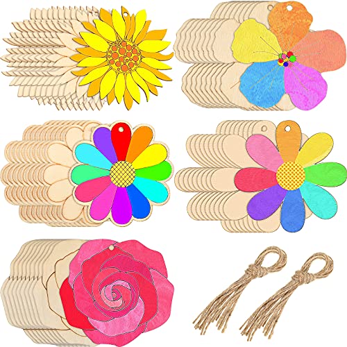 Kathfly 100 Pieces Flowers Unfinished Wooden Cutouts for Crafts Sunflower Wood Slices Flower Wooden Paint Crafts for Kids Painting, DIY Crafts