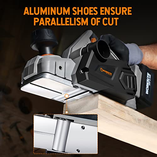 WORKSITE Hand Planer 20V Cordless 3-1/4-Inch Wood Planer with 4.0 Ah Lithium-Ion Battery, Fast Charger, Dust Collection Bag for Woodworking WORKSITE