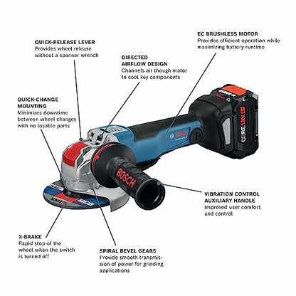 BOSCH GWX18V-50PCB14 18V X-LOCK Brushless Connected-Ready 4-1/2 In. – 5 In. Angle Grinder Kit with (1) CORE18V® 8 Ah High Power Battery,Black - WoodArtSupply