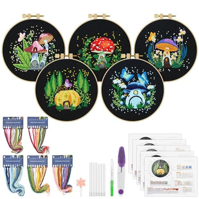 ERKOON 5 Sets Embroidery Kit for Beginners, Art Craft Handy Sewing Set Mushroom Cross Stitch Starter Kits, DIY Embroidery Kits with Patterns and