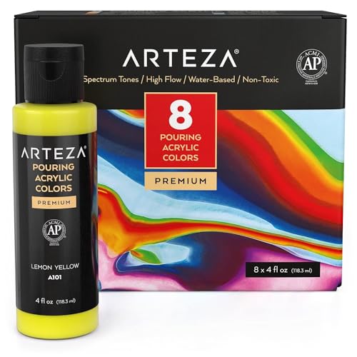 ARTEZA Acrylic Pouring Paint Set, 8 Rainbow Colors, 4 oz Bottles, High-Flow Paint, No Mixing Needed, Art Supplies for Canvas, Glass, Paper, Wood, ARTEZA