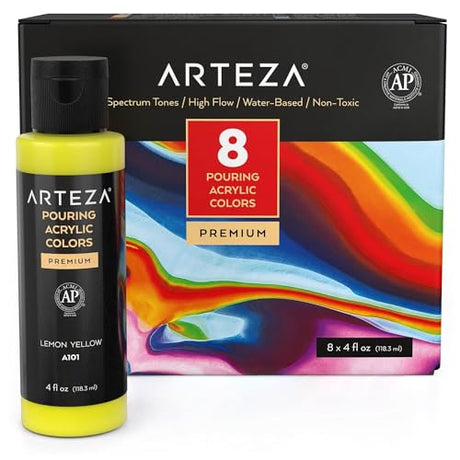 ARTEZA Acrylic Pouring Paint Set, 8 Rainbow Colors, 4 oz Bottles, High-Flow Paint, No Mixing Needed, Art Supplies for Canvas, Glass, Paper, Wood, ARTEZA