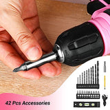 DEKO 8V Cordless Drill, Drill Set with 3/8"Keyless Chuck, 42pcs Acessories, Built-in LED, Type-C Charge Cable, Pink Power Drill for Drilling and DEKOPRO