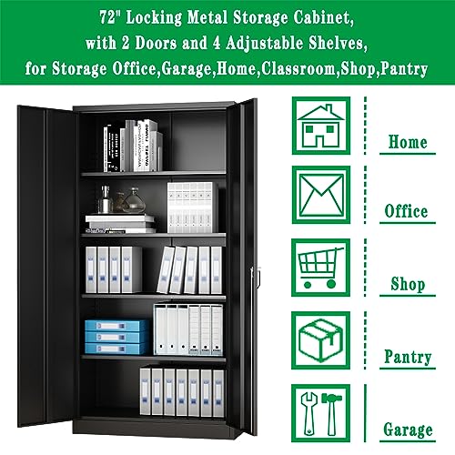 Metal Storage Cabinet, 72" Locking Metal Cabinet with 4 Adjustable Shelves, 2 Doors and Lock for Storage Office, Garage, Home, Classroom, Shop,