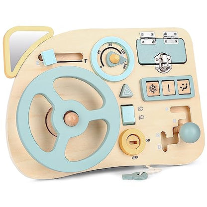 Montessori Busy Board Toy for Toddlers, Car Wooden Sensory Board Educational Toys with 10 Fine Activity Motor Skills, Driving Scene Travel Toys for - WoodArtSupply