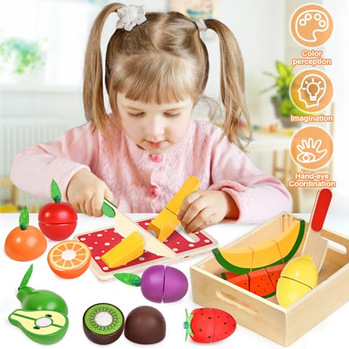 BAODLON Wooden Play Food for Kids Kitchen - Wooden Cutting Fruit Set for Toddler, Multi-Pretend Play Fake Food Kitchen Accessory with Cutting Board,