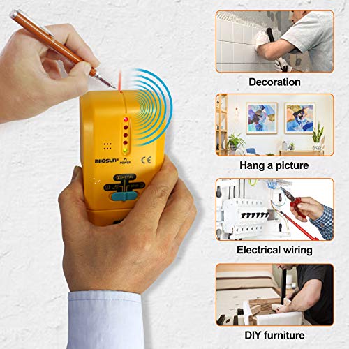 ALLOSUN TS73 3 in 1 LED Wood Stud FinderMulti Stud ScannerElectronic Stud Sensor Wire Cable Wall Metal Detector Finder Home Decoration, yellow ALLOSUN