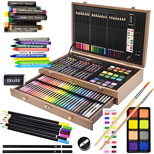 Sunnyglade 145 Piece Deluxe Art Set, Wooden Art Box & Drawing Kit with Crayons, Oil Pastels, Colored Pencils, Watercolor Cakes, Sketch Pencils, Paint Sunnyglade