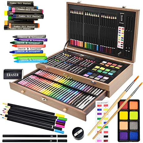 Sunnyglade 145 Piece Deluxe Art Set, Wooden Art Box & Drawing Kit with Crayons, Oil Pastels, Colored Pencils, Watercolor Cakes, Sketch Pencils, Paint Sunnyglade