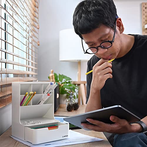 ARTEZA Desktop Pen and Marker Organizer, 6-Compartment White Pen Holder for Desk with Stationery Drawer, 5.43in x 7.09in x 9.33in, Makeup Organizer ARTEZA