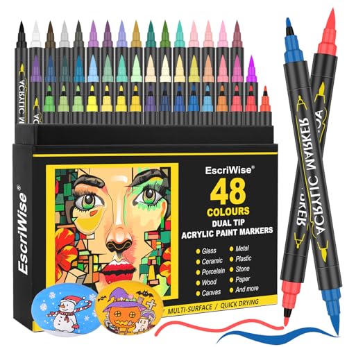 EscriWise 48 Colors Dual Tip Acrylic Paint Pens Set-Permanent Acrylic Paint Markers with Brush and Fine Tip, Water Based Art Paint Pens for Rock