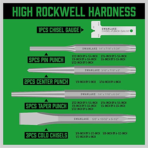 SWANLAKE Punch and Chisel Set, Including Taper Punch, Cold Chisels, Pin Punch, Center Punch (16pcs) SWANLAKE GARDEN TOOLS