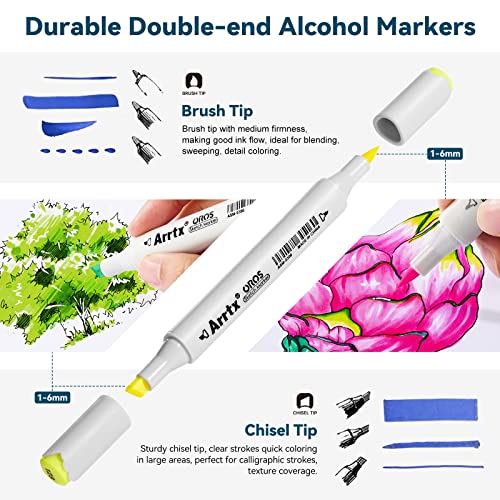 Arrtx Brush Markers, Oros 80 Colors Dual Tip Alcohol Markers, Coloring Marker, Permanent Art Markers for Artists Adult Coloring, Sketch, Illustration