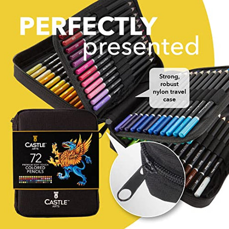 Castle Art Supplies 72 Colored Pencils Zipper-Case Set | Quality Soft Core Colored Leads for Adult Artists, Professionals and Colorists | In Neat, Castle Art Supplies