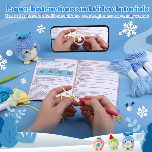 UOOU 3 Pack Crochet Kit, Penguin Crochet Kit for Beginners with Easy Yarn, Step-by-Step Video Tutorials, Complete Crochet Animal Kit, Knitting Kit UOOU