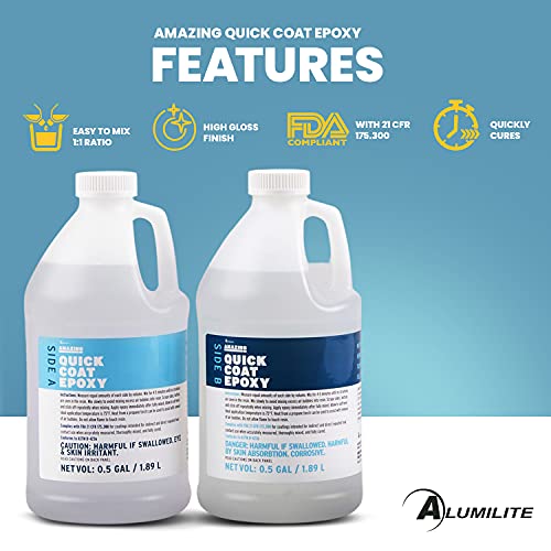 Alumilite Amazing Quick Coat Epoxy [0.5 gal A + 0.5 gal B(1 Gallon) 2 Part Kit] High Gloss Coating, Crystal Clear Casting & Fast Dry Formula for - WoodArtSupply