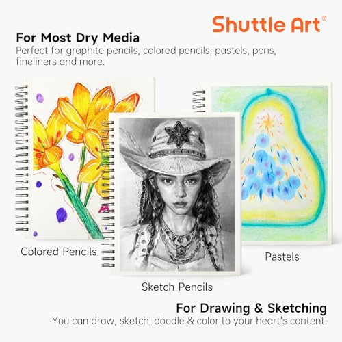 Shuttle Art 9x12” Sketchbook, 220 Sheets Total, Pack of 2(110 Sheets Each), 68lb/100gsm Thick Paper, Spiral Bound Mixedmedia Sketch Pad, Acid-free Shuttle Art