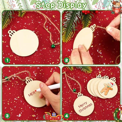 50pcs Christmas Round Wooden Ornaments DIY Unfinished Wood Slices Predrilled Wood Round Circles Blank Discs Hanging Festive Craft Decoration