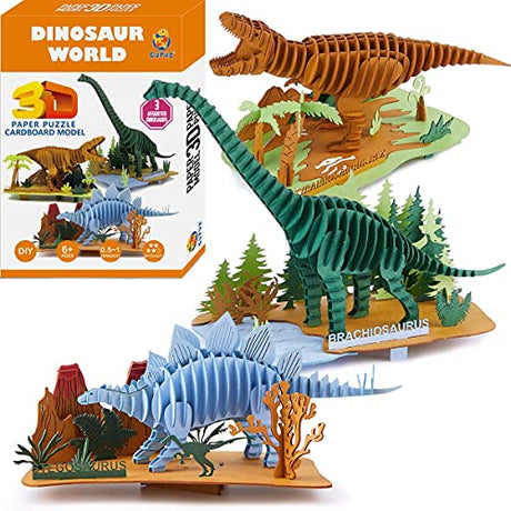 CUPUZ 3D Paper Puzzle, 3 Assorted Dinosaurs, Premium Cardboard Models, DIY Kit for Child, Educational Craft -Rex, Stegosaurus, Brachiosaurus Puzzles CUPUZ