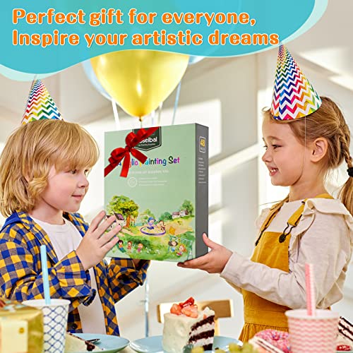 48 Piece Painting kit with 24 Acrylic Paints, 8 DIY Wooden Stencils 5 Canvas Panels 8 Brushes, Table Easel, Etc, Art Supplies Set for Kids Students koseibal